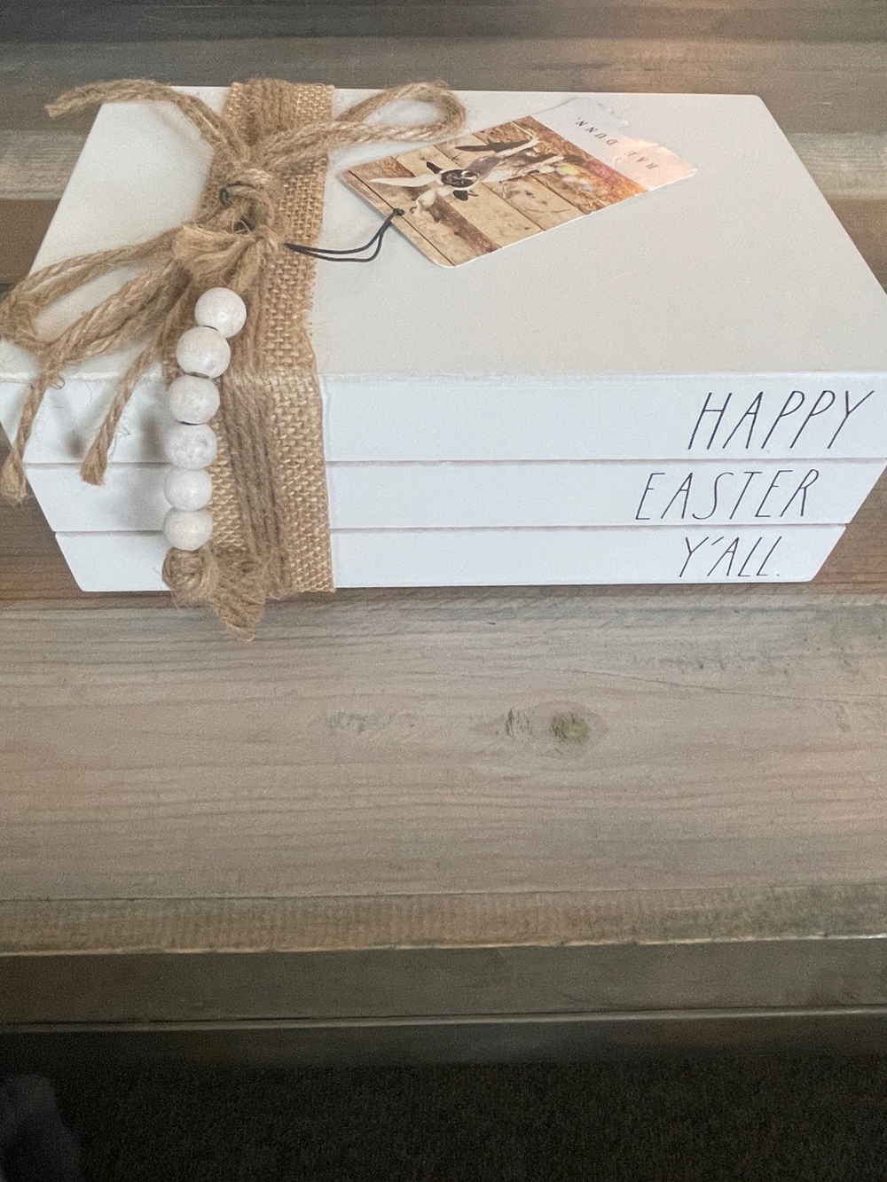 Rae Dunn White "Happy Easter Y'all" Stacked Book Decor with Jute and Beads